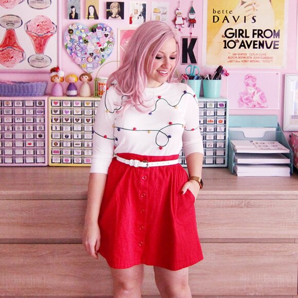 Modcloth 3D Christmas lights cream crewneck sweater size Small - Picture 2 of 7